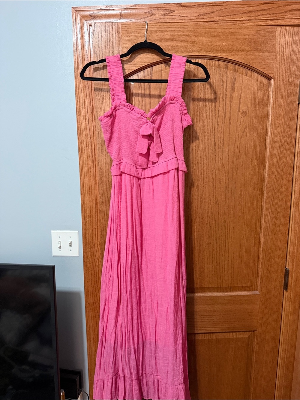 Ruffled Pink Maxi Dress with Tie Front